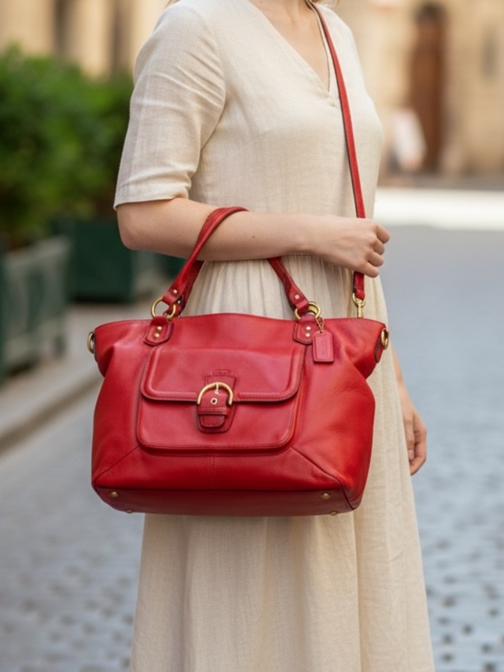 COACH Designer Campbell Belle Red Leather Carryall Handbag